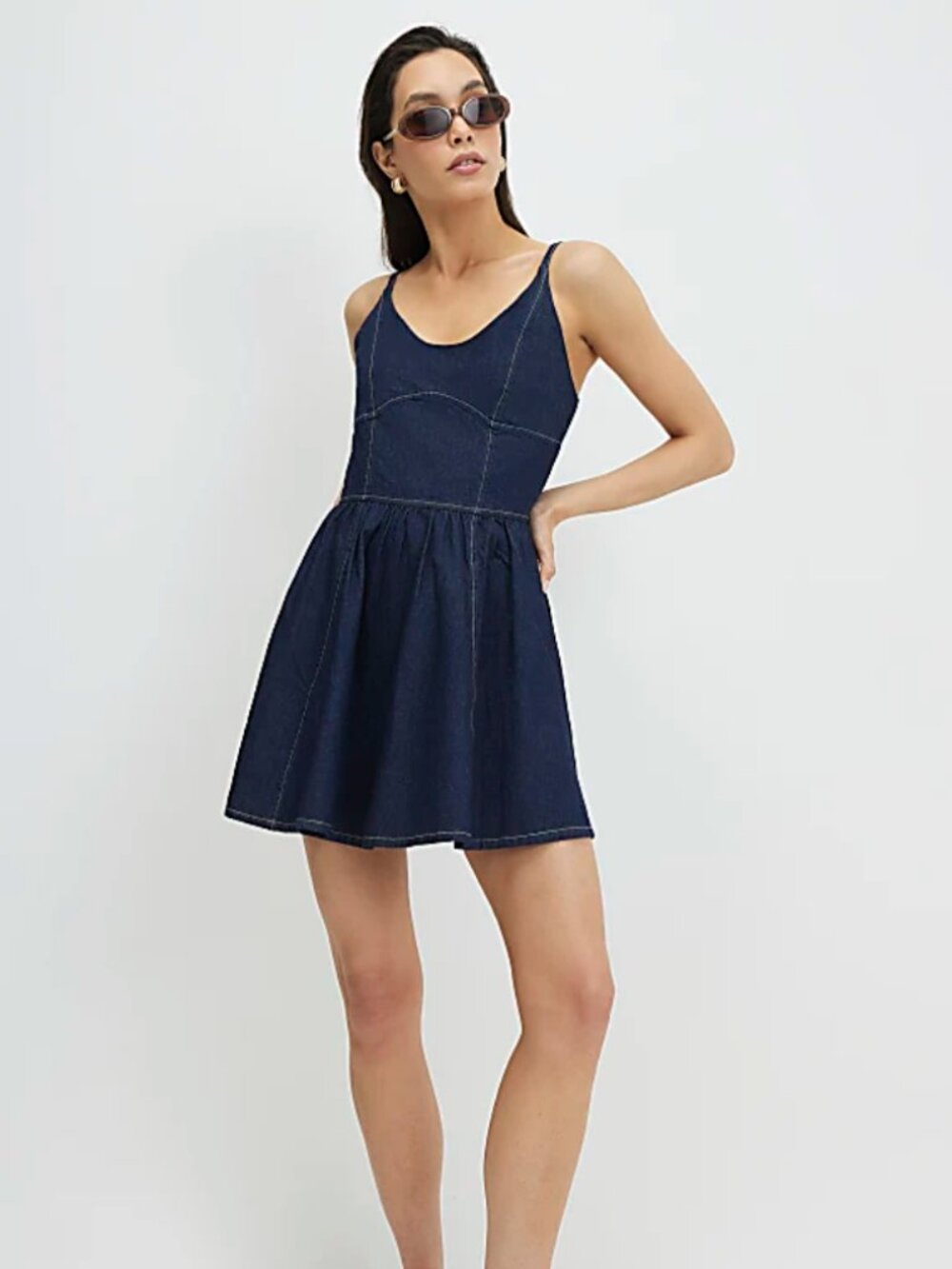 Zara Dark Wash Denim Corset Mini Dress - Fit & Flare Full Circle Skirt
